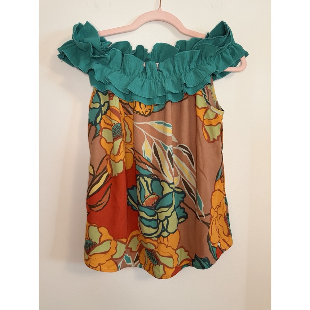 Periwinkle Collection Floral Off Shoulder Ruffle Top Teal Orange Boho Size XS